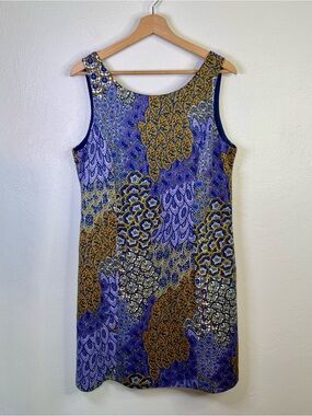 Pappagallo Sleeveless Shift Dress Peacock Feather Print Purple & Gold Size 10